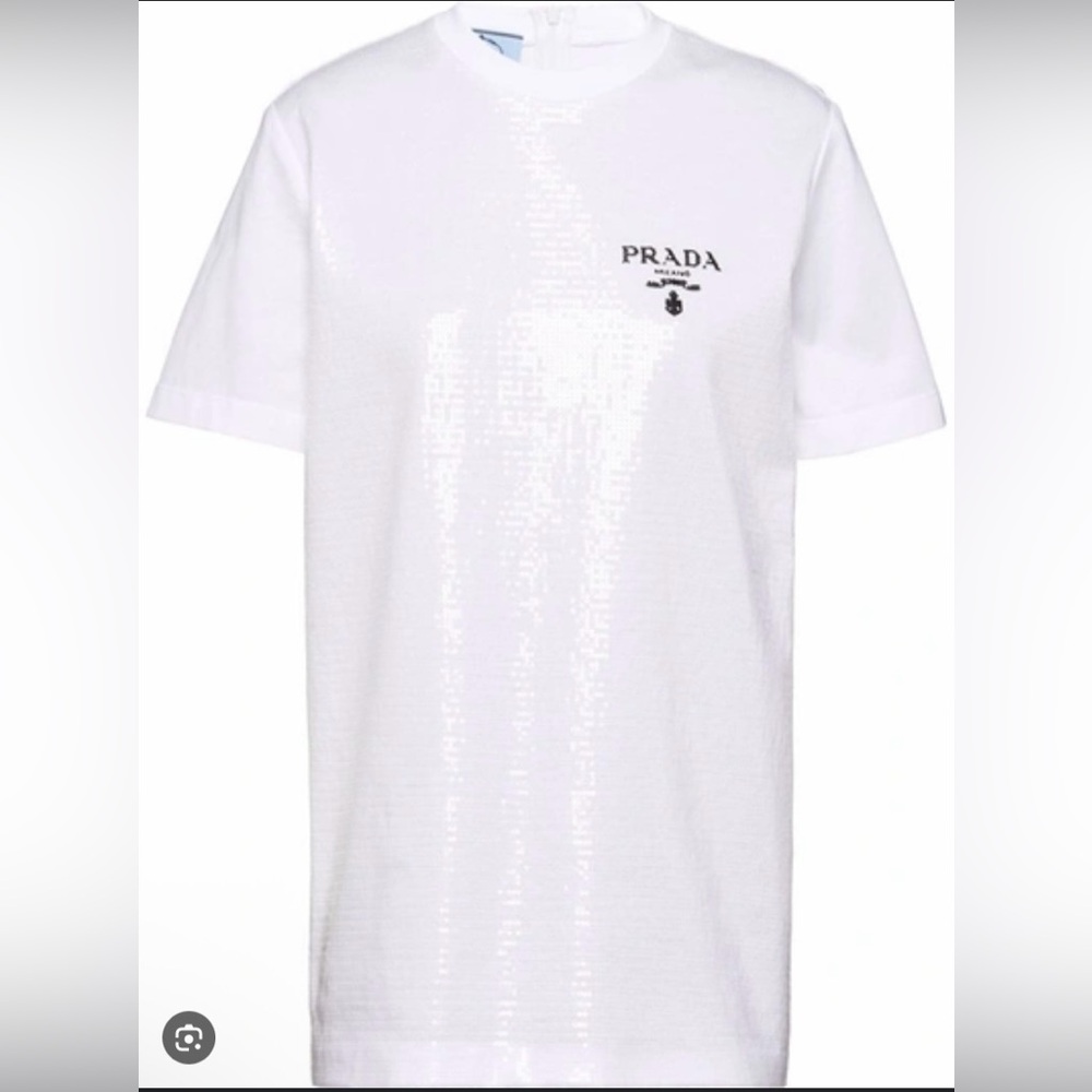 Authentic PRADA Sequin Classic White Tee with Logo EUC szMed